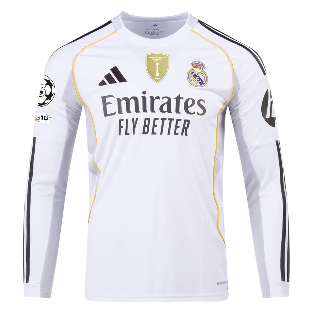 adidas Real Madrid Vini Jr Long Sleeve Home Jersey w/ Intercontinental + Champions League Patches 25/26 (White)
