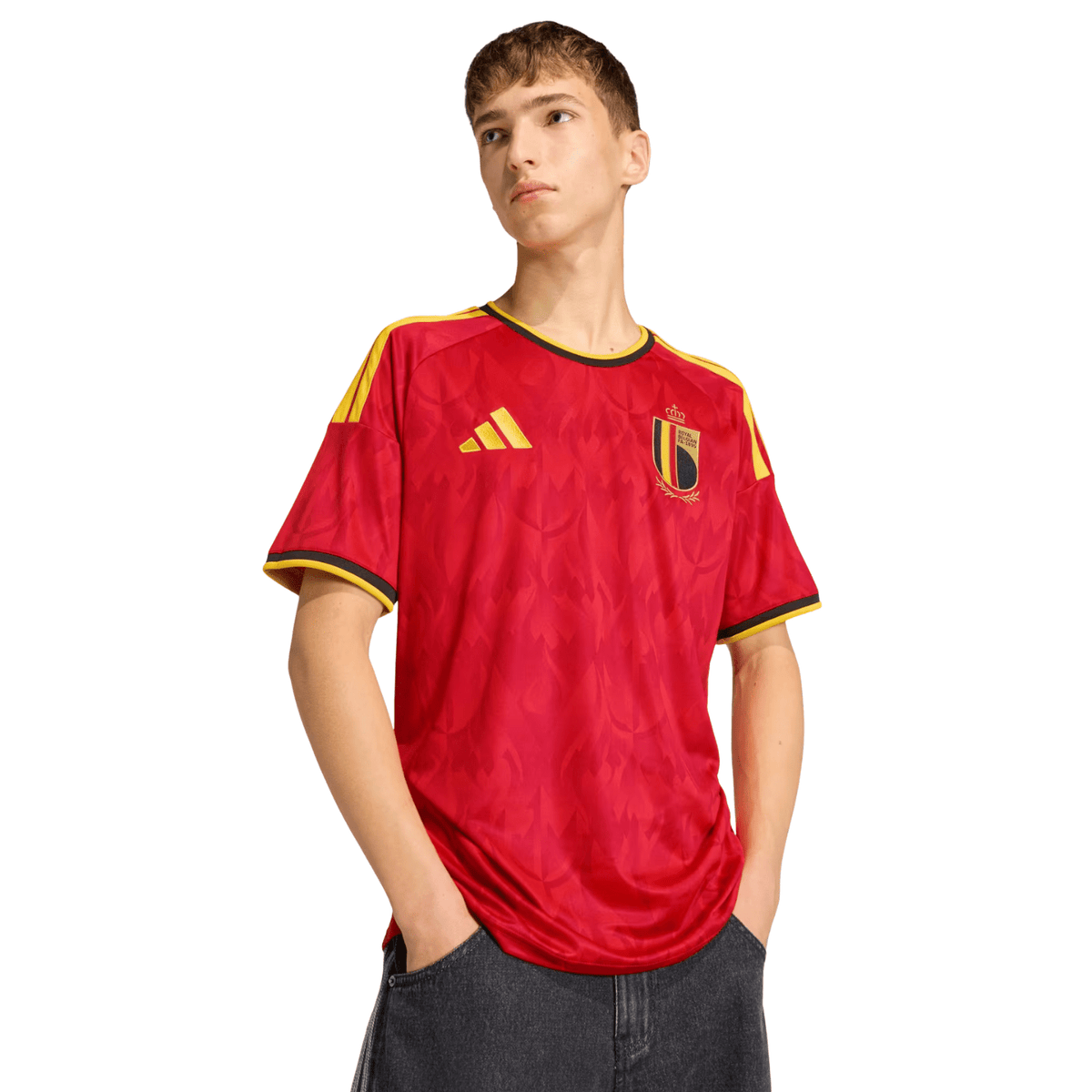 adidas Men's Belgium JÃ©rÃ©my Doku Home Jersey 2026 (Red/Bold Gold)