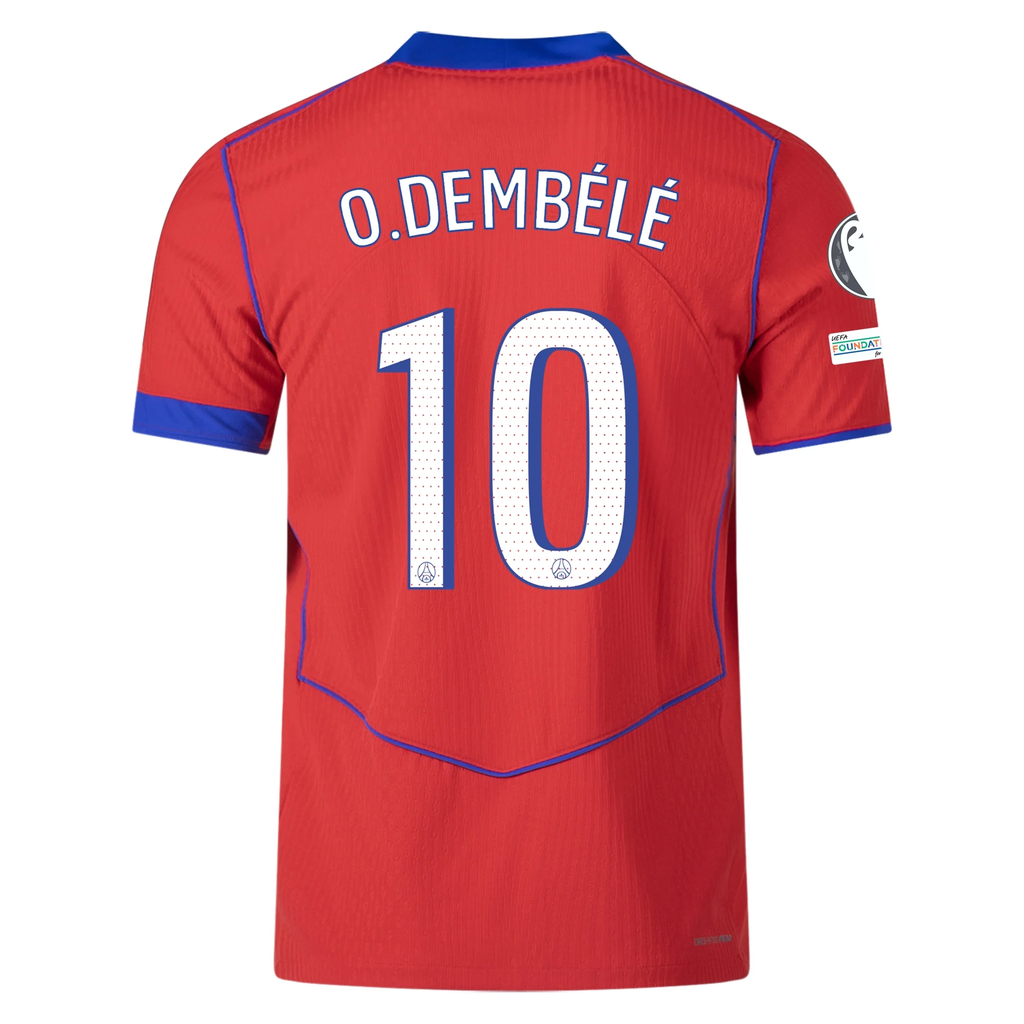 Nike Men's Paris Saint-Germain Authentic Ousmane DembÃ©lÃ© Third Jersey w/ Champions League Patches 25/26 (Sport Red/Hyper Royal)
