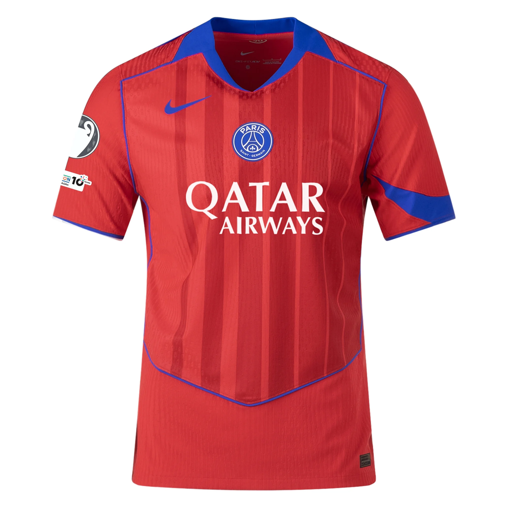 Nike Men's Paris Saint-Germain Authentic Vitinha Third Jersey w/ Champions League Patches 25/26 (Sport Red/Hyper Royal)