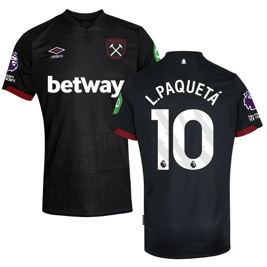 Umbro West Ham Lucas PaquetÃ¡ Away Jersey w/ EPL + No Room For Racism Patches 24/25 (Black)