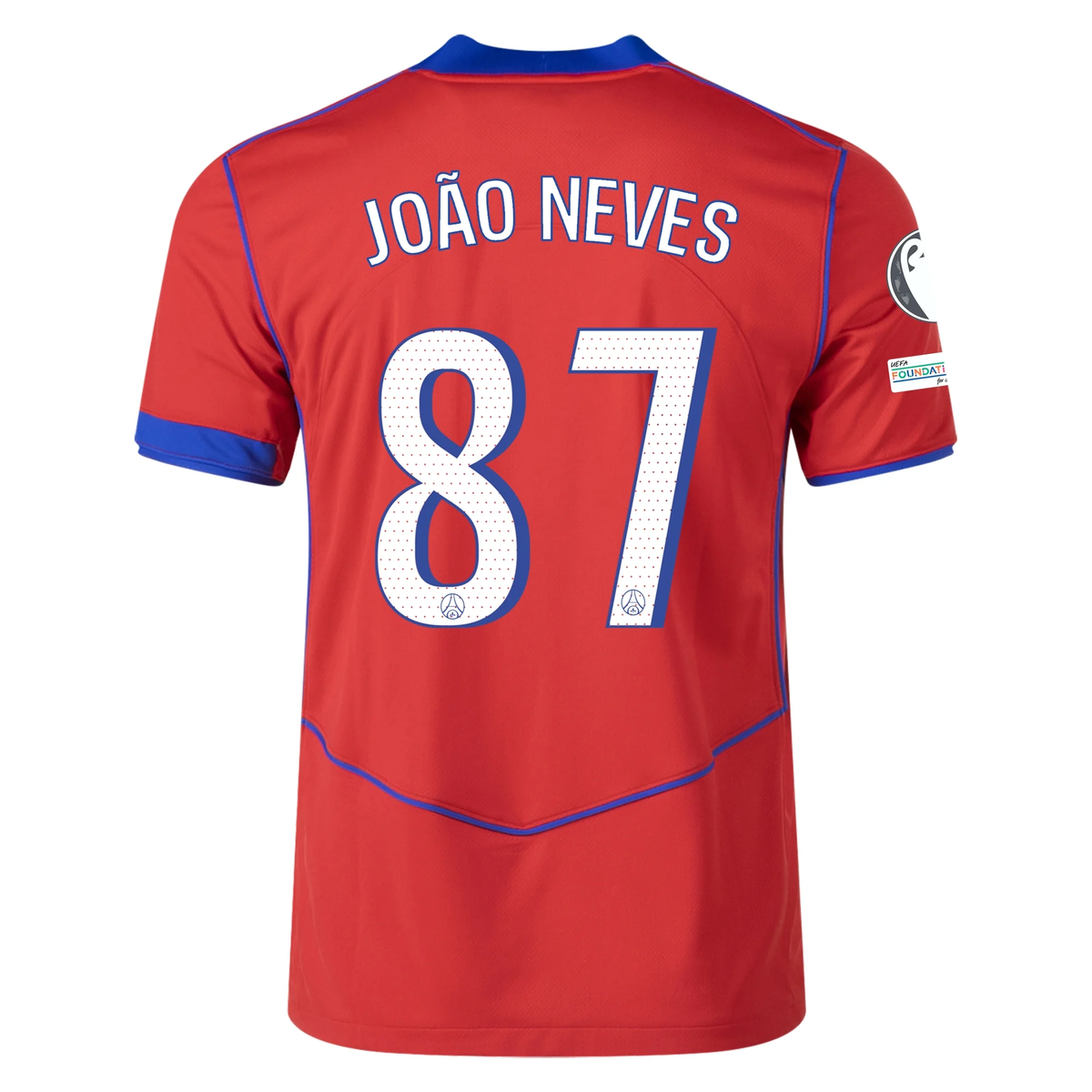 Nike Men's Paris Saint-Germain JoÃ£o Neves T90 Third Jersey w/ Champions League Patches 25/26 (Sport Red/Hyper Royal)