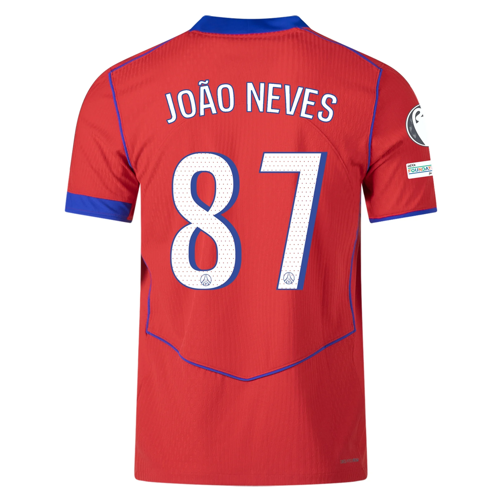 Nike Men's Paris Saint-Germain Authentic JoÃ£o Neves Third Jersey w/ Champions League Patches 25/26 (Sport Red/Hyper Royal)